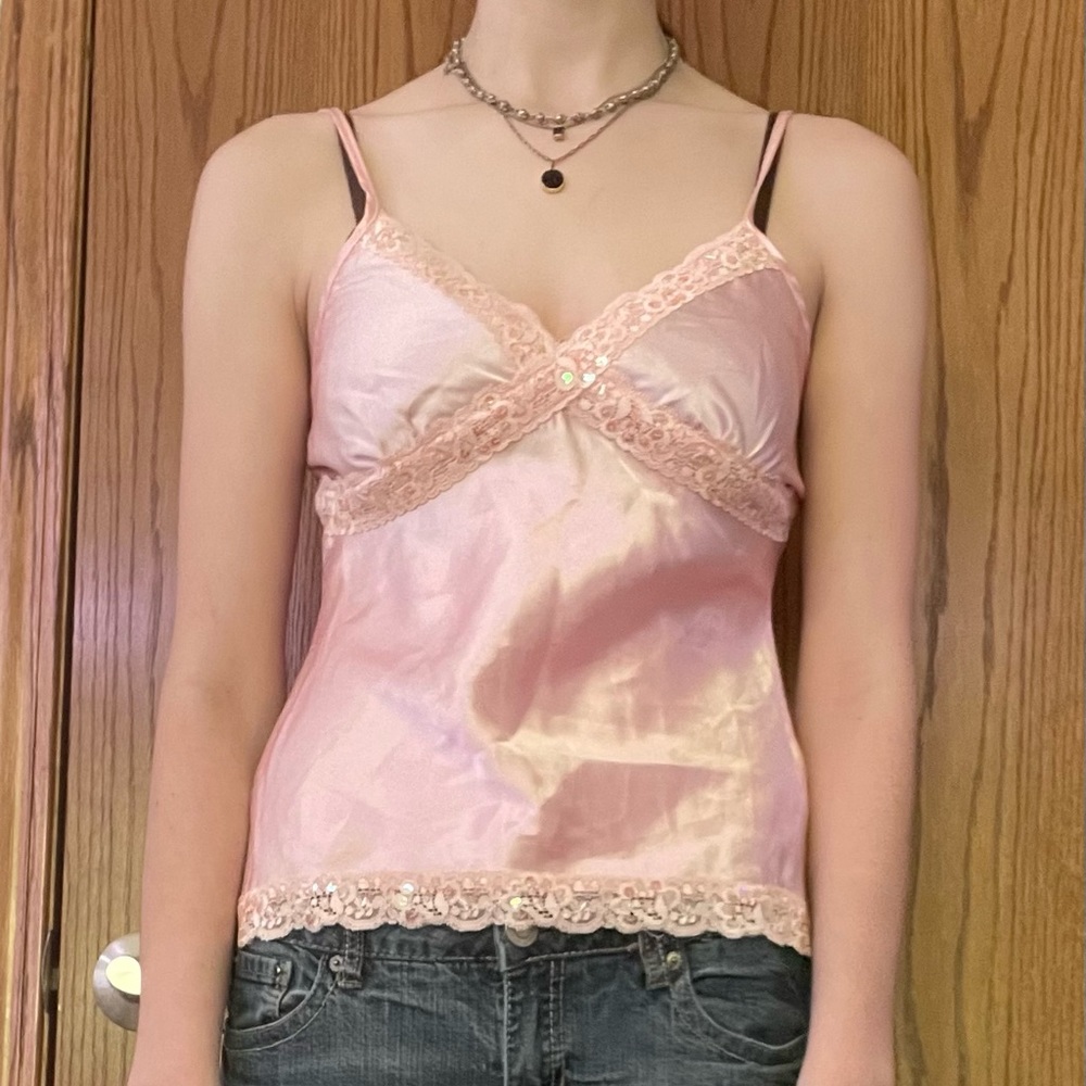 Vintage silky feeling sequin lace pink cami top